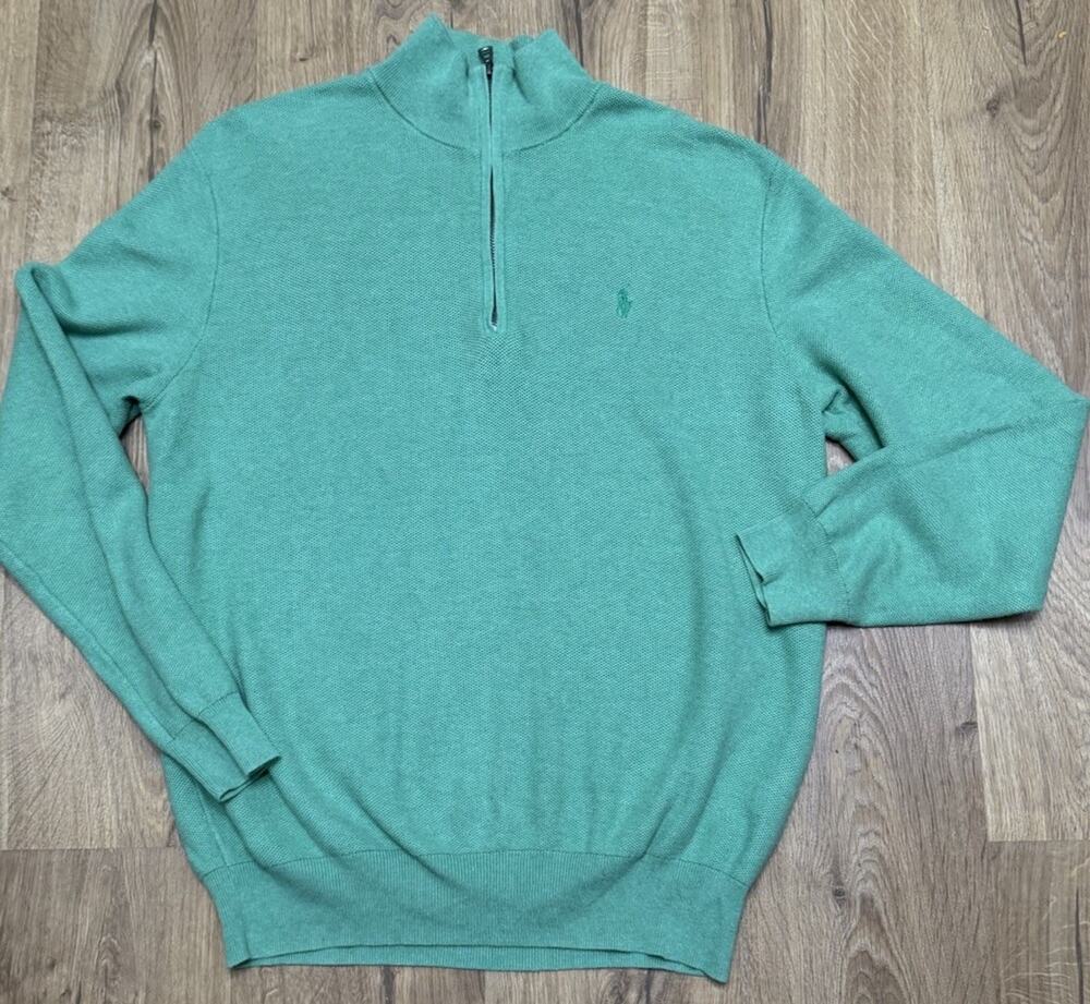 Polo Ralph Lauren Sweater Mens Size Large 1/4 Zip Pima Mint Green Pull-Over